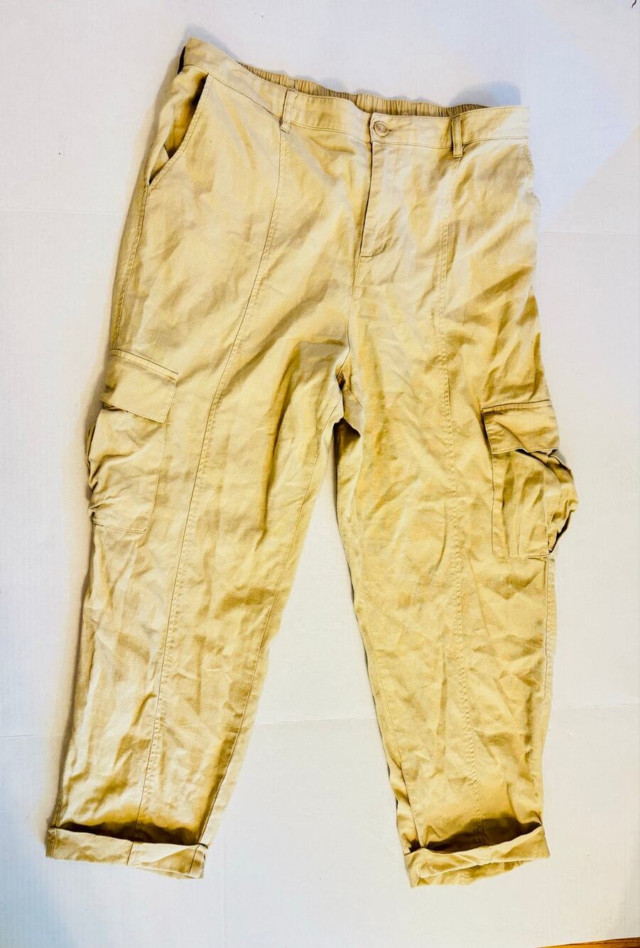 Calligraphie linen viscose blend beige utility cargo pockets pants women’s sz Lg